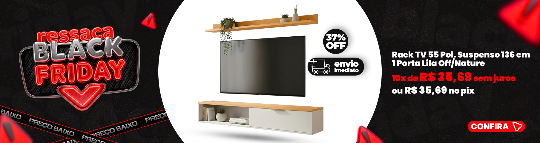 Rack TV 75 Pol. Suspenso 180cm 2 Portas Lila Cinamomo/Branco- Mpozenato