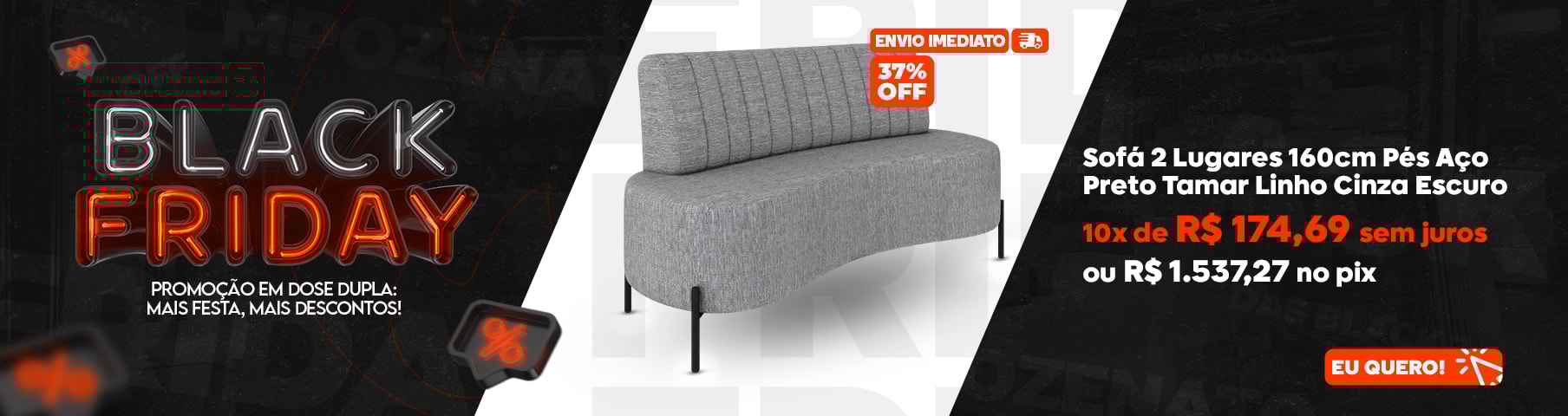 Sofá 2 Lugares 160cm Pés Aço Preto Tamar Z08 Linho Cinza Escuro - Mpozenato