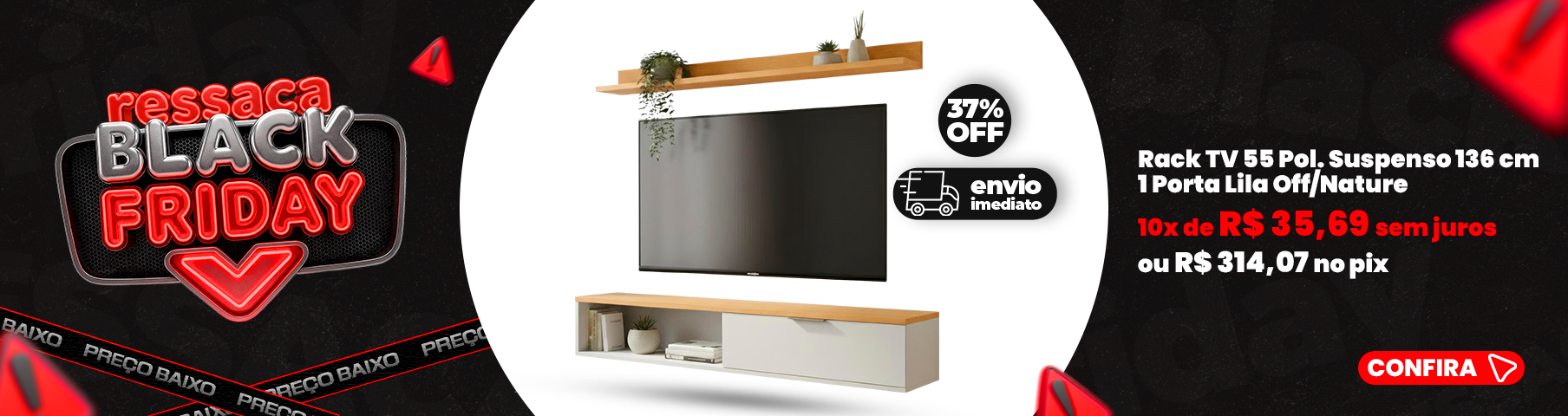 Rack TV 75 Pol. Suspenso 180cm 2 Portas Lila Cinamomo/Branco- Mpozenato