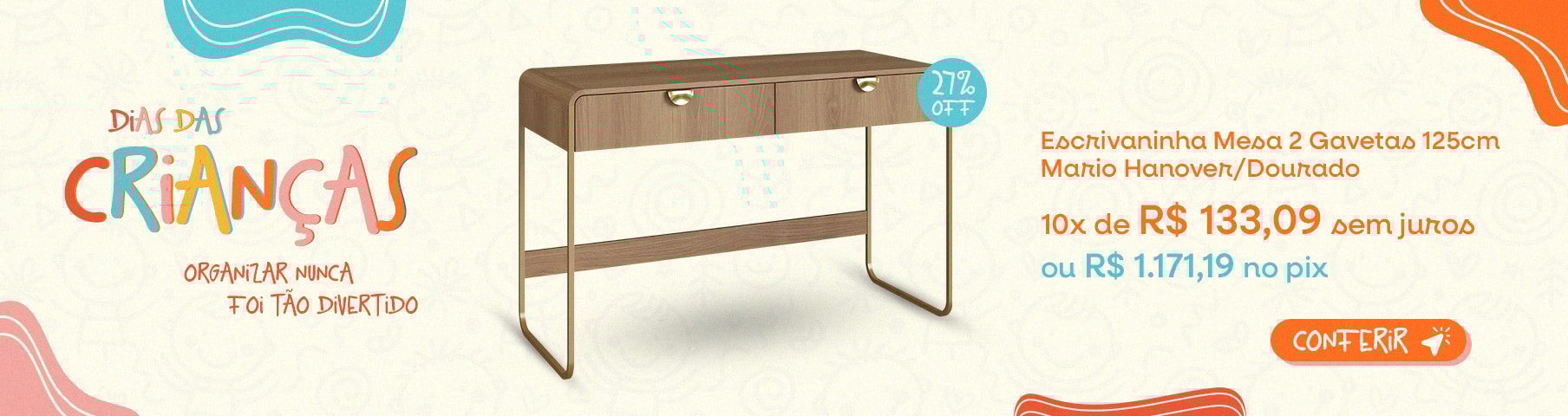 Escrivaninha Mesa com 2 Gavetas 125cm Mario Hanover/Dourado