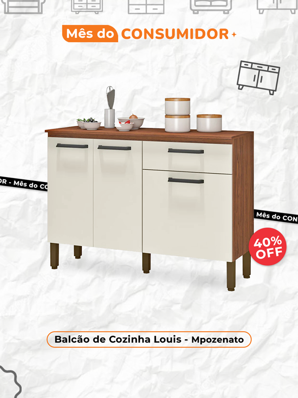 Balcão de Cozinha com Tampo 120cm Louis K02 Nogueira/Off – Mpozenato