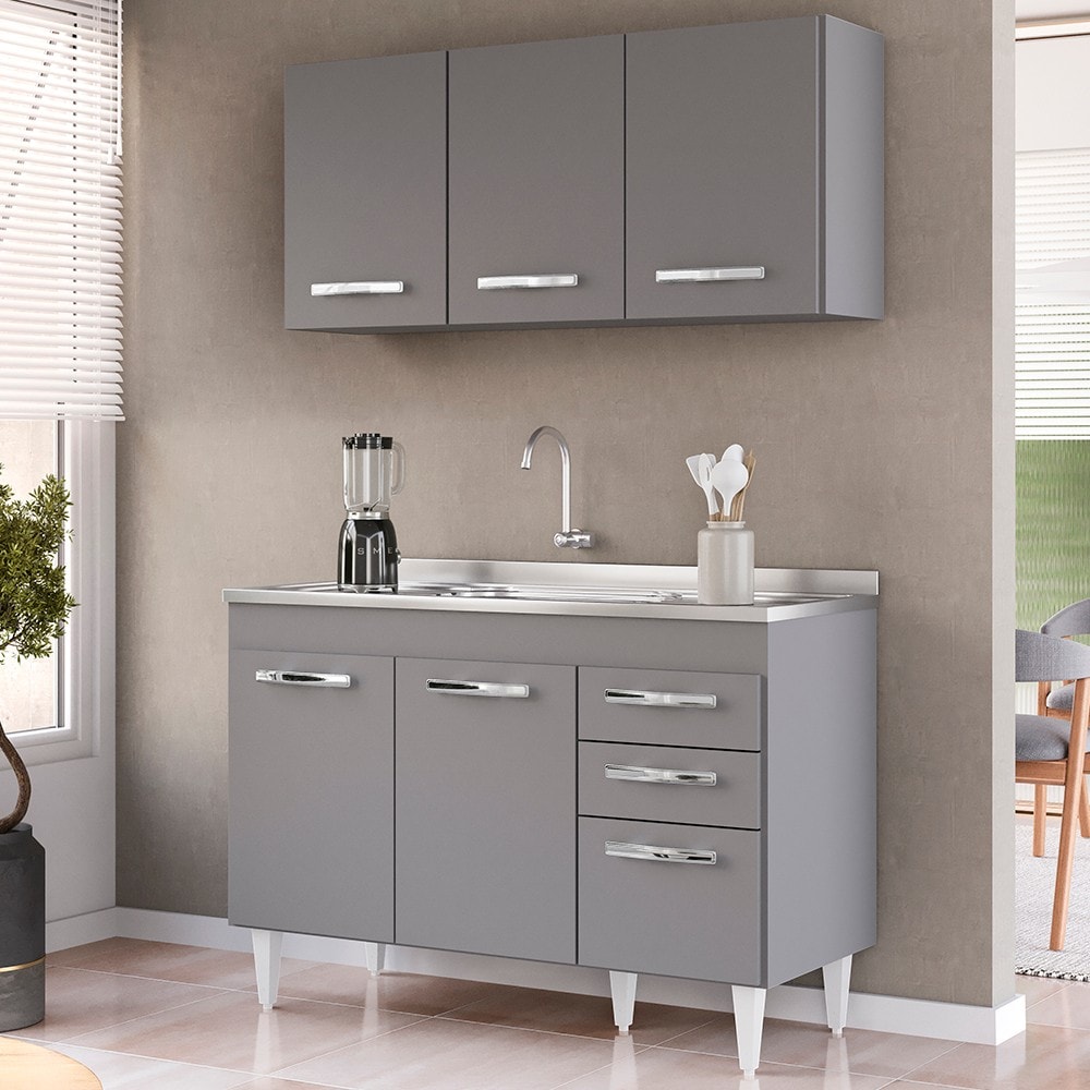 Armário Aéreo Honduras e Balcão Gabinete com Pia 120cm Suécia