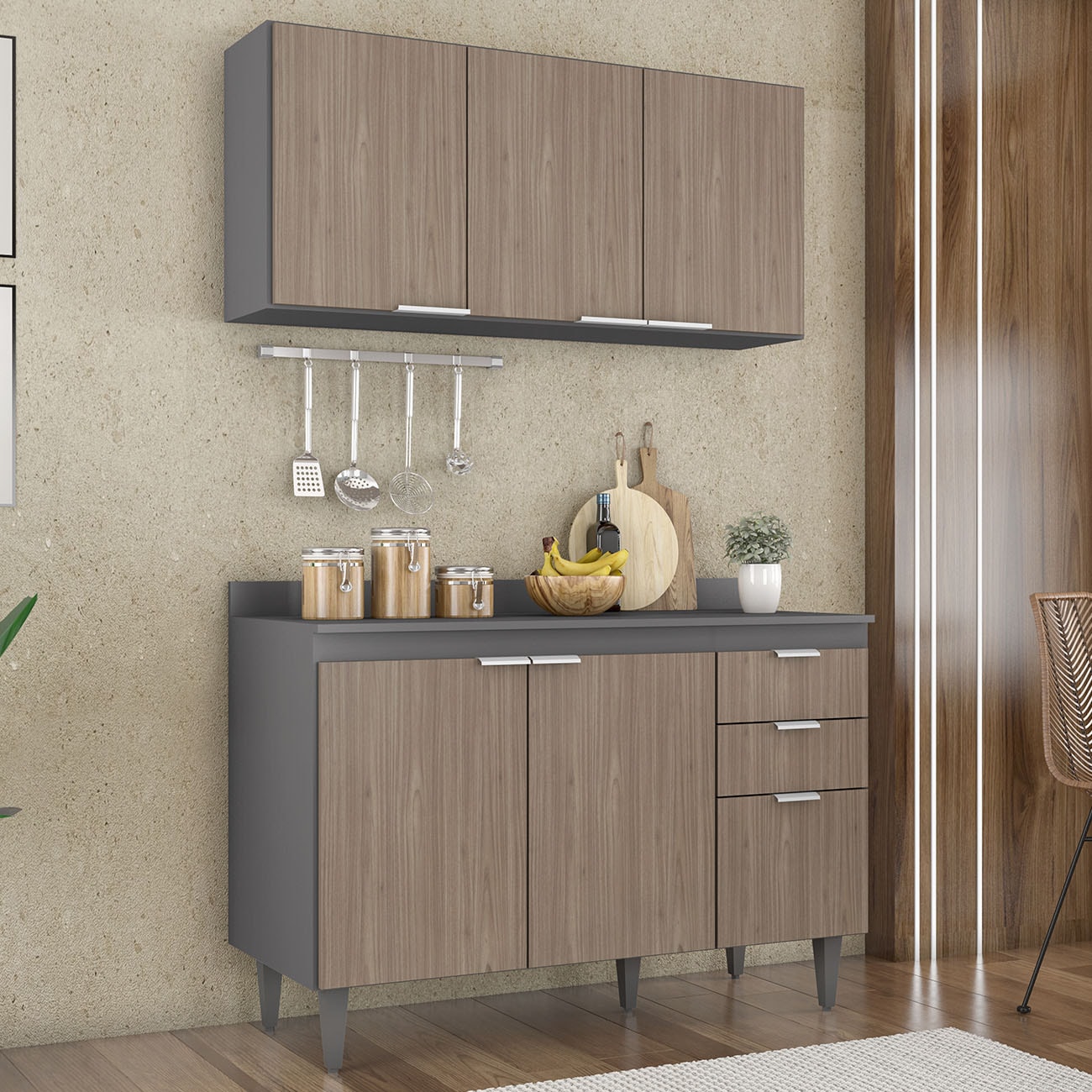 Armário de Cozinha Com Tampo CP11 200cm Pérola Grafite/Freijó Z34