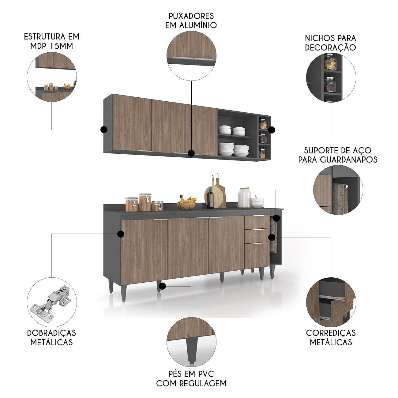 Armário de Cozinha Com Tampo CP11 200cm Pérola Grafite/Freijó Z34