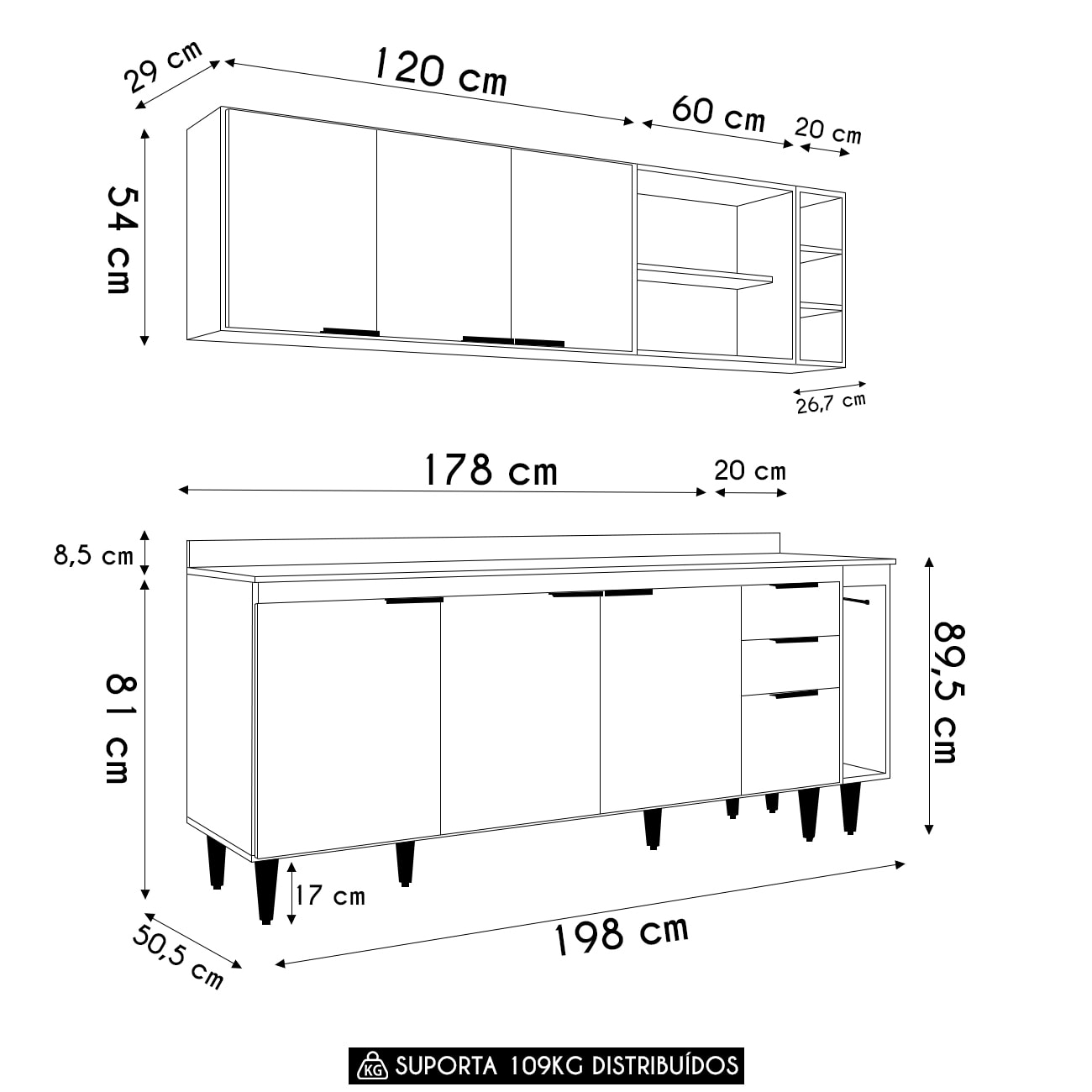 Armário de Cozinha Com Tampo CP11 200cm Pérola Grafite/Freijó Z34