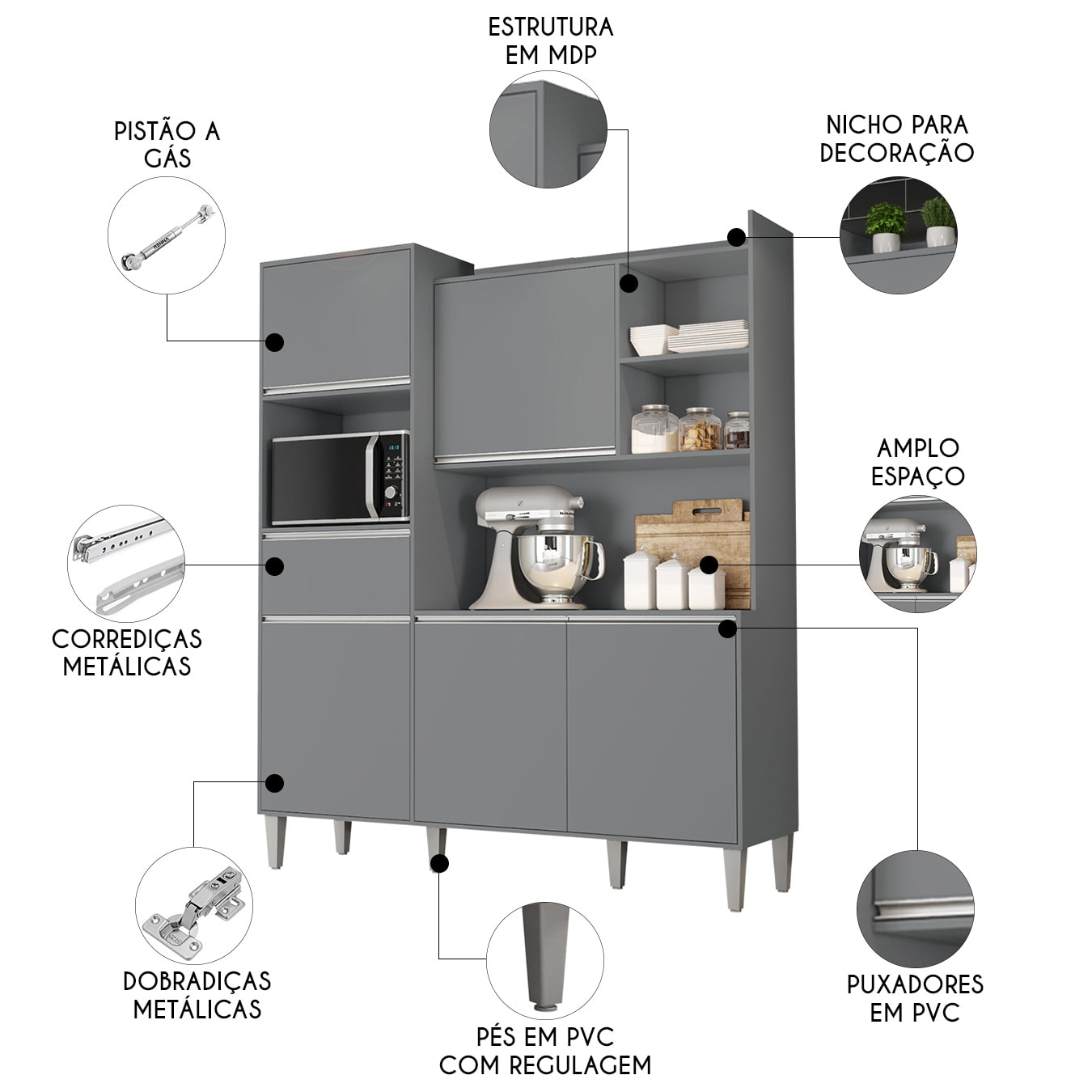 Armário de Cozinha Compacta 160cm 5 Portas Isabel Cinza - AJL Móveis