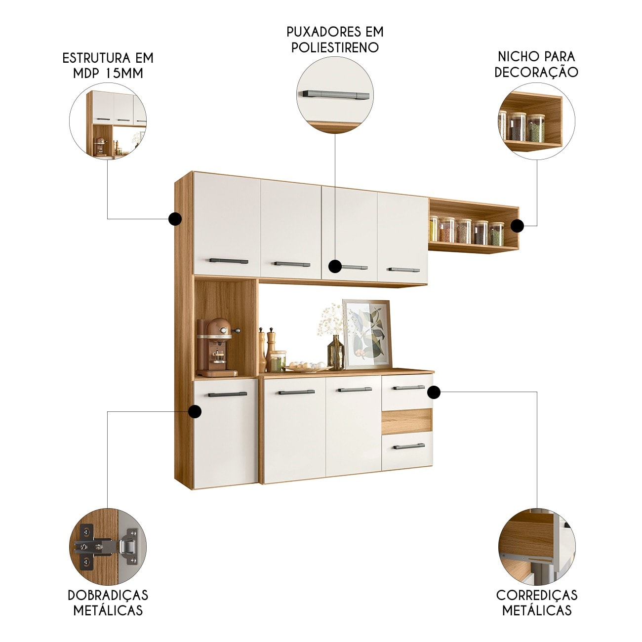 Armário de Cozinha Compacta Suspensa Jully N03 Freijó/Off White