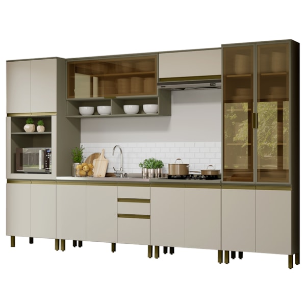 Armário de Cozinha Modulada 351cm Porta de Vidro 7 Peças Perfect H02  Duna/Cristal - Mpozenato