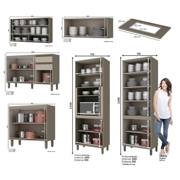 Armário de Cozinha Modulada 351cm Porta de Vidro 7 Peças Perfect H02  Duna/Cristal - Mpozenato