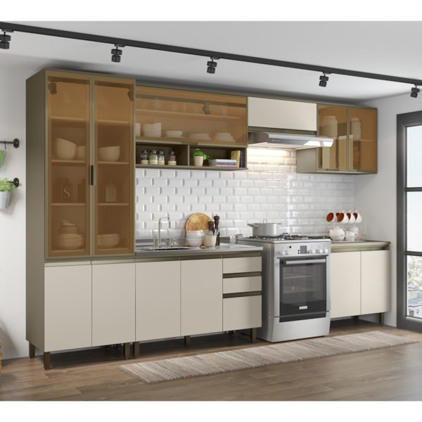 Armário de Cozinha Modulada 351cm Porta de Vidro 7 Peças Perfect H02  Duna/Cristal - Mpozenato