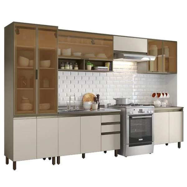 Armário de Cozinha Modulada 351cm Porta de Vidro 7 Peças Perfect H02  Duna/Cristal - Mpozenato