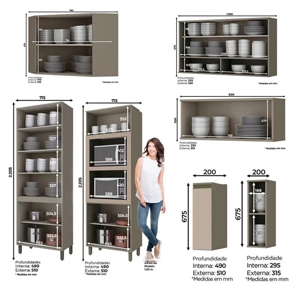 Armário de Cozinha Modulada 351cm Porta de Vidro 7 Peças Perfect H02  Duna/Cristal - Mpozenato