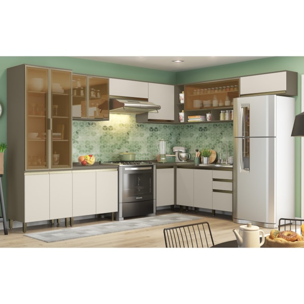 Armário de Cozinha Modulada 351cm Porta de Vidro 7 Peças Perfect H02  Duna/Cristal - Mpozenato