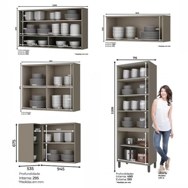 Armário de Cozinha Modulada 351cm Porta de Vidro 7 Peças Perfect H02  Duna/Cristal - Mpozenato