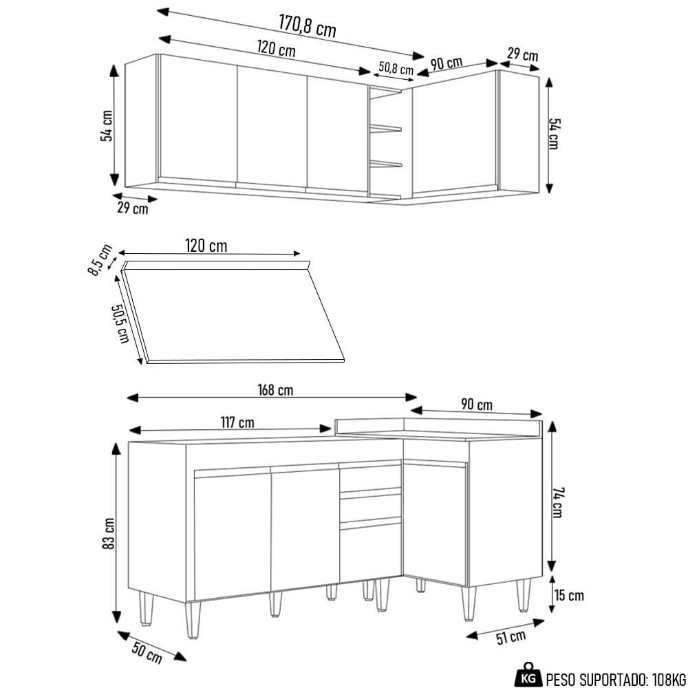 Armário de Cozinha Modulado de Canto Esquerdo 4 Peças CP47 Balcão