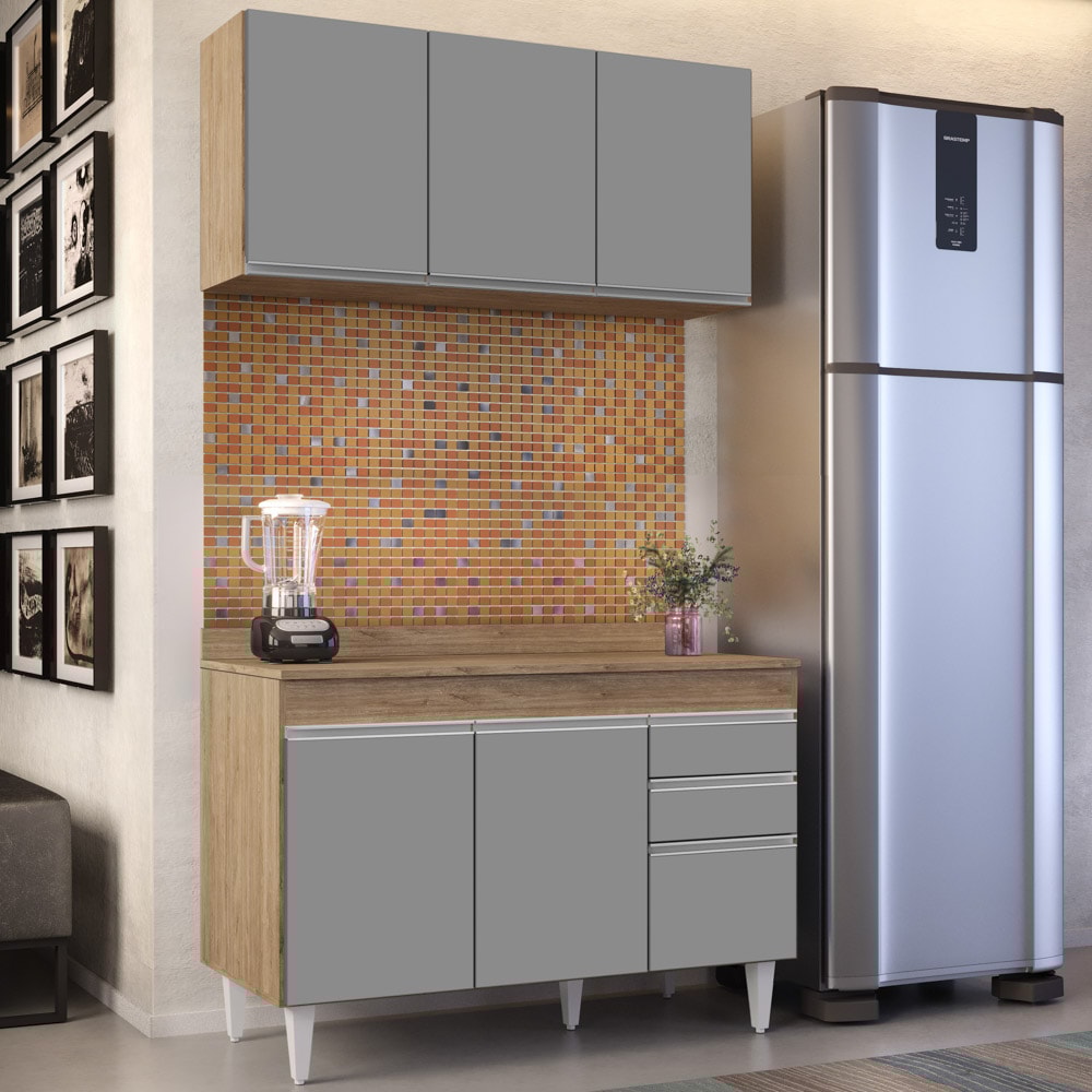 Armário Virgínia e Balcão com Tampo Michigan 120cm Castanho/Cinza