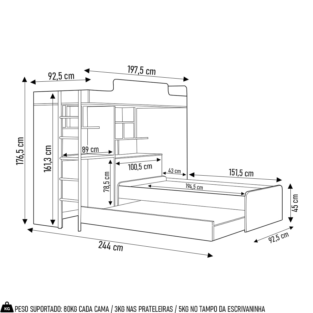 Beliche Solteiro com Cama Auxiliar e Office Concept S01 Branco - Mpozenato