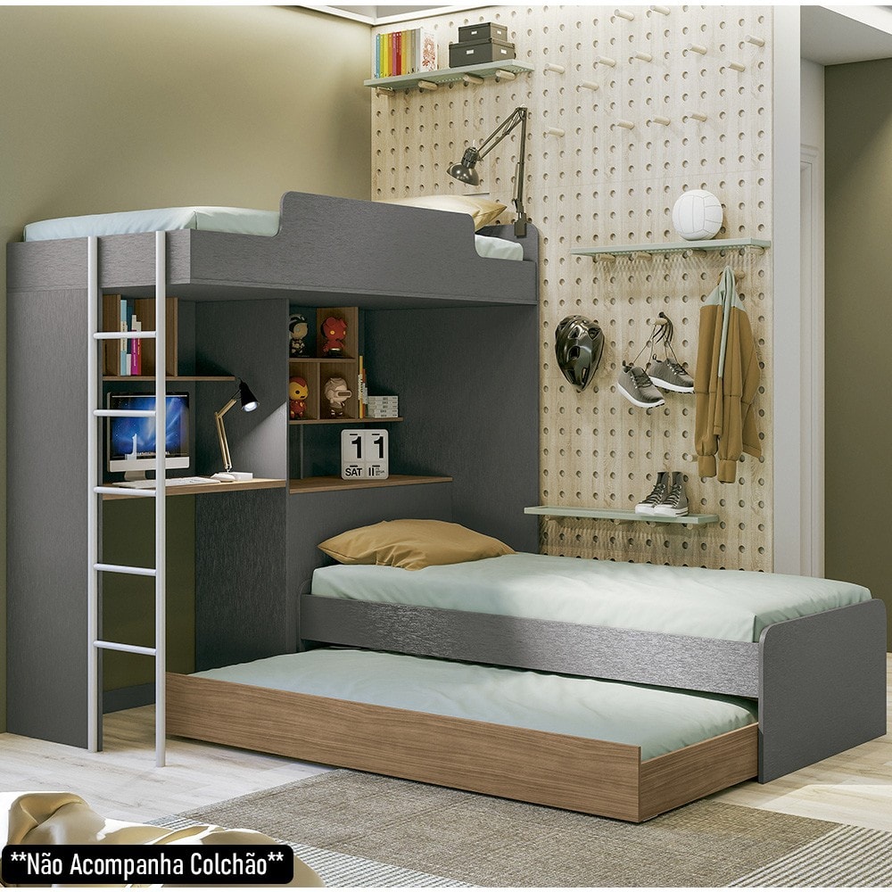 Beliche Solteiro com Cama Auxiliar e Office Concept S01 Grafite/Jatobá -  Mpozenato