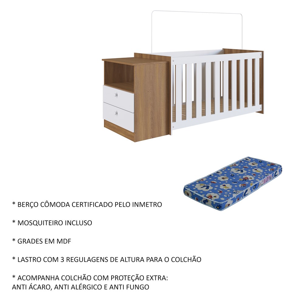 Quarto Infantil com Berço, Cômoda e Roupeiro Marrom e Branco Aconchego  Completa Móveis