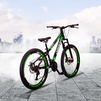 Bicicleta Aro 26 Quadro 13 Alumínio 21v Freio a Disco Mecânico Freeride Preto/Verde - Dropp