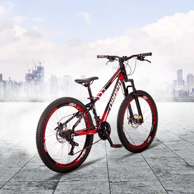 Bicicleta Aro 26 Quadro 13 Alumínio 21v Freio a Disco Mecânico Freeride Preto/Vermelho - Dropp