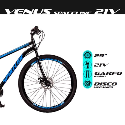Bicicleta Aro 29 Quadro 17 Aço 21 Marchas Freio Disco Mecânico Venus Preto/Azul - Spaceline
