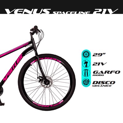 Bicicleta Aro 29 Quadro 17 Aço 21 Marchas Freio Disco Mecânico Venus Preto/Rosa - Spaceline