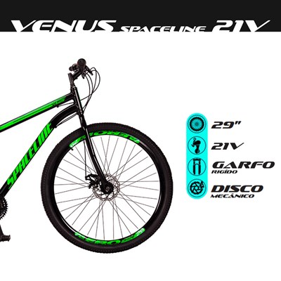 Bicicleta Aro 29 Quadro 17 Aço 21 Marchas Freio Disco Mecânico Venus Preto/Verde - Spaceline