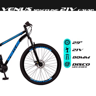 Bicicleta Aro 29 Quadro 17 Aço 21v com Suspensão Freio Mecânico Venus Preto/Azul - Spaceline