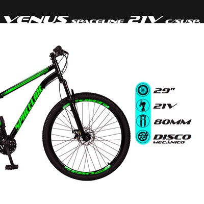 Bicicleta Aro 29 Quadro 17 Aço 21v com Suspensão Freio Mecânico Venus Preto/Verde - Spaceline
