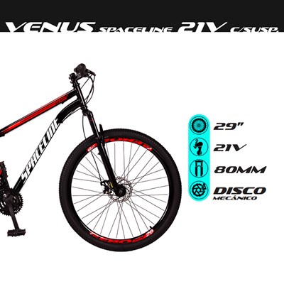 Bicicleta Aro 29 Quadro 17 Aço 21v com Suspensão Freio Mecânico Venus Vermelho/Branco - Spaceline