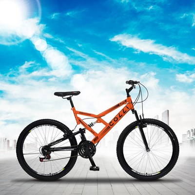 Bicicleta GPS Aro 26 Aço 21 Marchas Dupla Suspensão Freio V-Brake Laranja Neon - Colli Bike