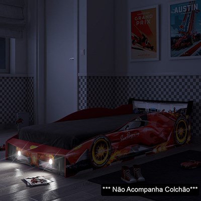 Cama Infantil Carro 100%MDF com Faróis LED Racing Car P13 Vermelho - Mpozenato