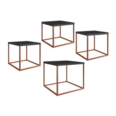 Conjunto 4 Mesas Cube  Preto Base Cobre - Artesano