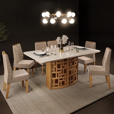 Conjunto Mesa de Jantar 170cm com 6 Cadeiras Veludo Mosaik D04 Carvalho Europeu/Creme - Mpozenato