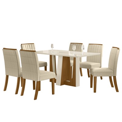 Conjunto Mesa de Jantar Alfa Com 6 Cadeiras Tauá Nature/Off White/Linho - Henn