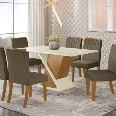 Conjunto Mesa de Jantar Dora Com 6 Cadeiras Tauá Nature/Off White/Bege - Henn