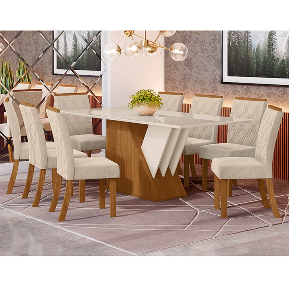 Conjunto Sala de Jantar Rubi Mesa 2,20 + 8 Cadeiras Pérola Mobillare -  Hiper House Colchões & Decor