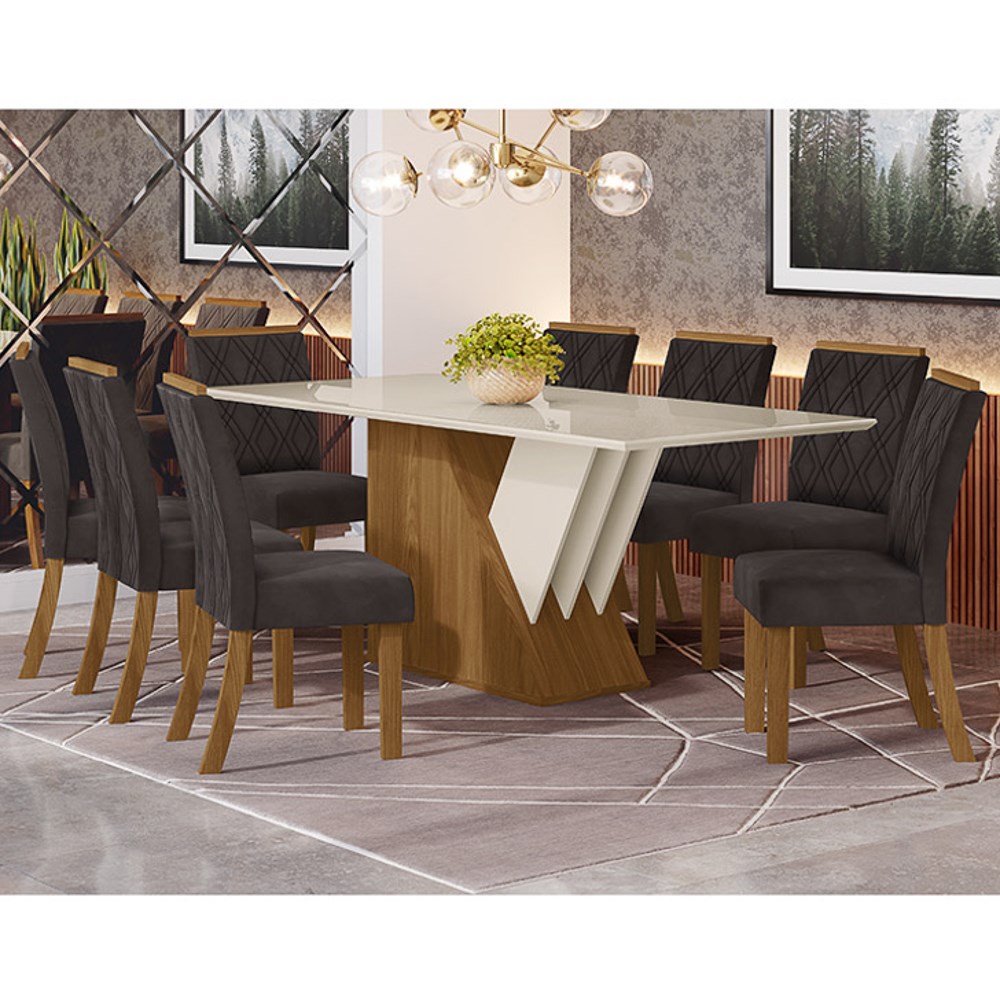 Conjunto Mesa de Jantar Epic Com 8 Cadeiras Vita Nature/Off White/Marrom -  Henn