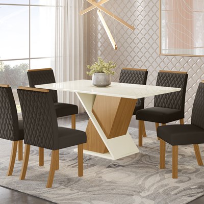 Conjunto Mesa de Jantar Solus Com 6 Cadeiras Vega Nature/Off White/Marrom - Henn