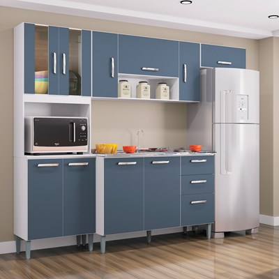 Cozinha Compacta 8 Portas Com Balcão E Pia Inox Lavínia Branco/Cinza Platinum - Poquema