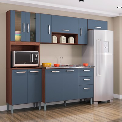 Cozinha Compacta 8 Portas Com Balcão E Pia Inox Lavínia Capuccino/Cinza Platinum - Poquema