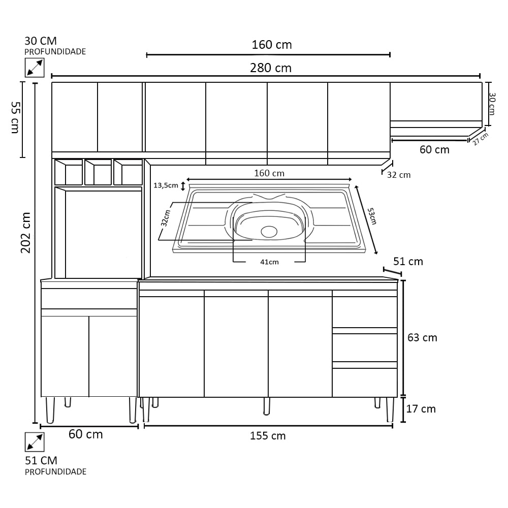 Jogo De Cozinha Modulada 5 Peças Clara 240 Cm Castanho/avelã - Ajl Móveis -  Marrom