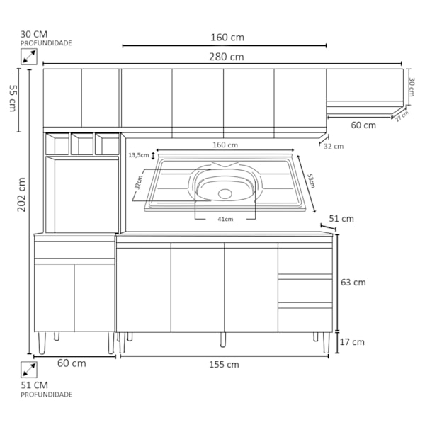 Jogo De Cozinha Modulada 5 Peças Clara 240 Cm Castanho/avelã - Ajl Móveis -  Marrom