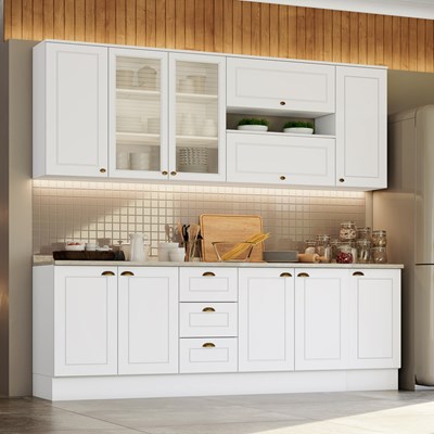 Cozinha Modulada Completa 240cm 10 Peças 11 Portas 3 Gavetas Americana Branco HP - Henn