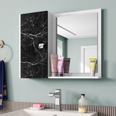 Espelheira Para Banheiro Com Armário 1 Porta Gênova Branco/Nero - Bechara