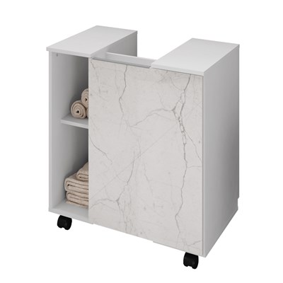 Gabinete Para Banheiro 55cm 1 Porta Com Rodízios Pequin Branco/Carrara - Bechara