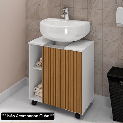 Gabinete Para Banheiro 55cm 1 Porta Com Rodízios Pequin Branco/Ripado - Bechara