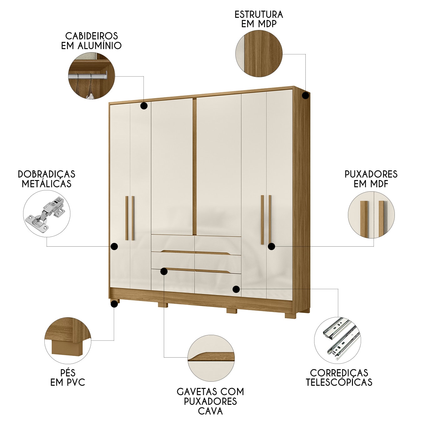 洋楽 C-QUAL Guarda Roupa 6 Portas 2 Gav 1.64M Light Plus Cinamomo 12/12MM C/Pe