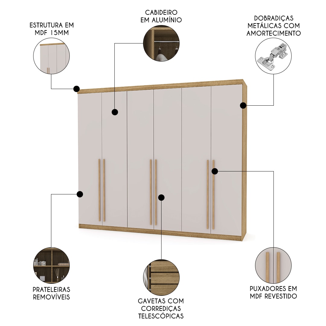 Guarda Roupa Casal 276cm 6 Gavetas Dubai Majestic Nature/Fendi